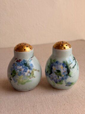 Hand Painted Porcelain Salt & Pepper Shakers Blue Forget-Me-Not Floral Gold Top